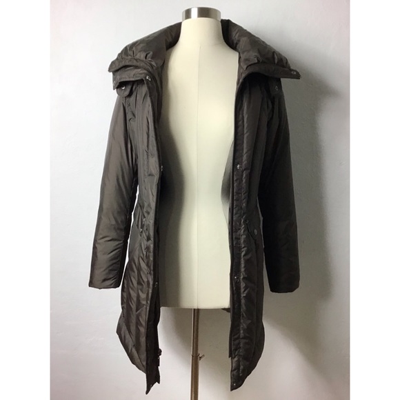 New Cole Haan brown puffer down long jacket coat with hidden hood - Picture 5 of 12